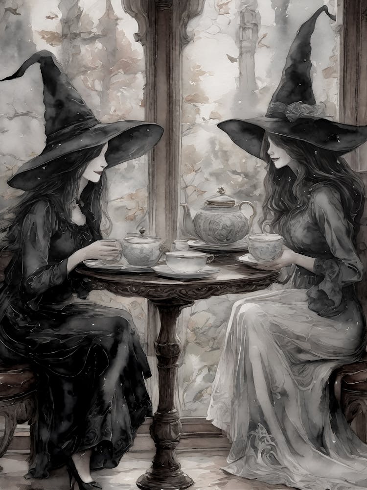 Witch Friends Meet to Drink Tea - Best Witches Have Afternoon Tea and Drinks - Witchy Gloomy Dark Aesthetic Watercolor Sketch Artwork for Feature Gallery Wall Coven Pagan Wicca Witchcraft Art Fairytale Oil Paint Fancy Magick HD