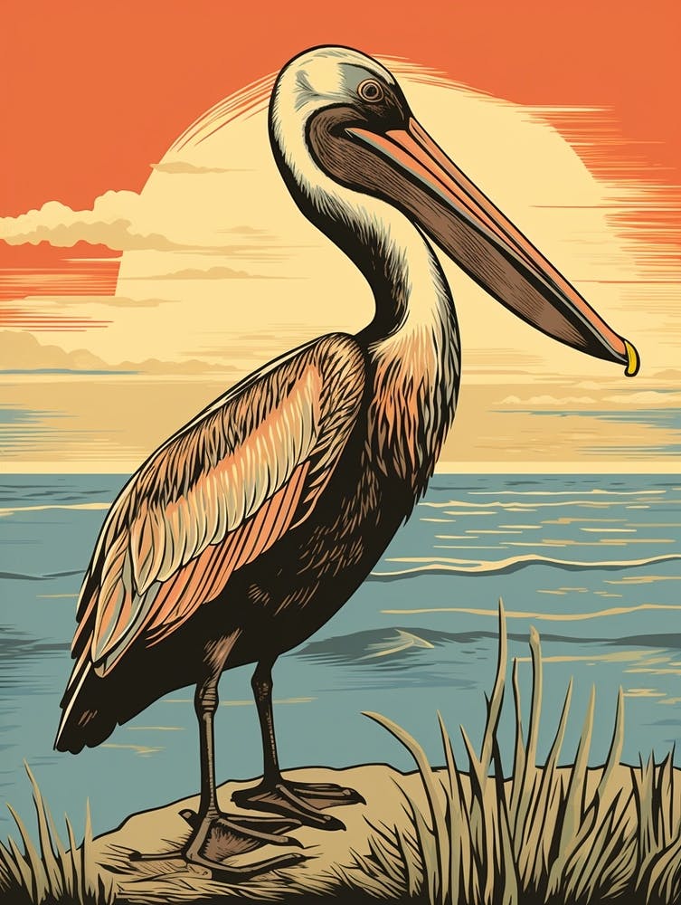 Vintage Bird Linocut Brown Pelican 4