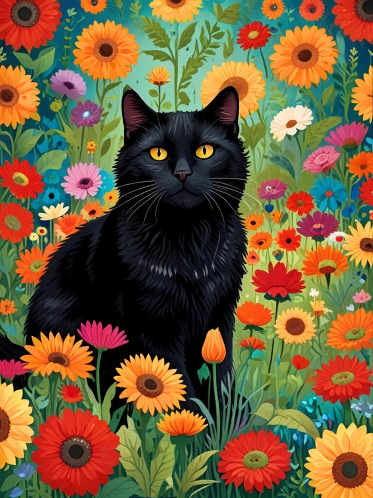 Black Cat In A Flower Field
