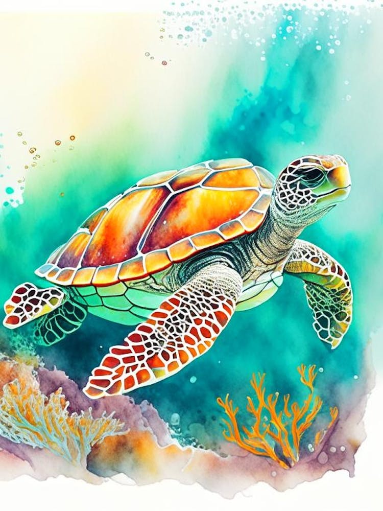 A Single Sea Turtle In Coral Reef, Sea Turtle Watercolour 1