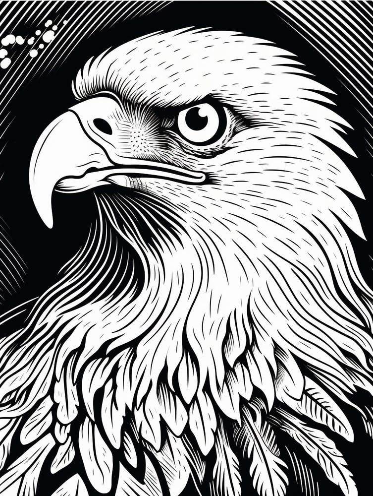 B&W Bird Linocut Bald Eagle 2