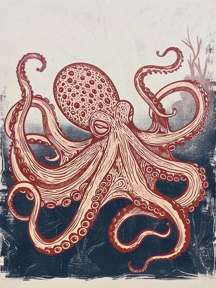 Linocut Octopus Deep In The Ocean