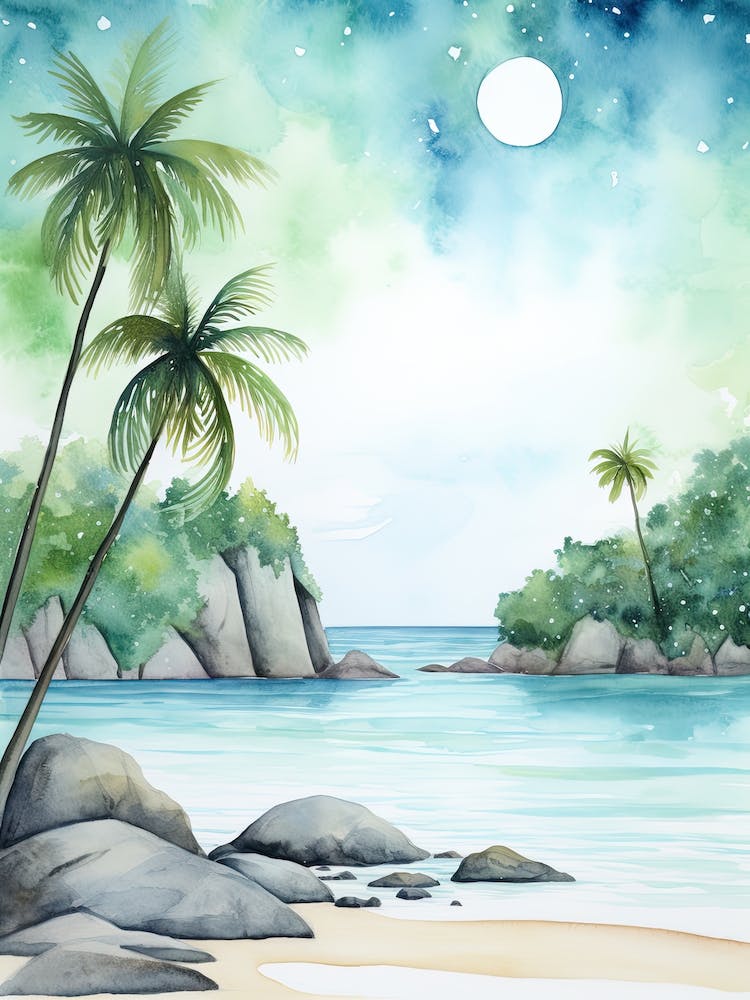Aquarell Von Anse Source D Argent La Digue Seychellen 3