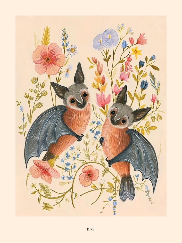 Folksy Floral Animal Drawing Bat 2 Poster