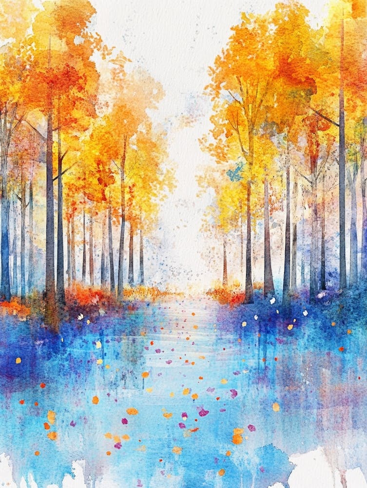 Watercolor Painting Of Autumn Landscape, Trees In Forest With Colorful Leaves In Fall Season