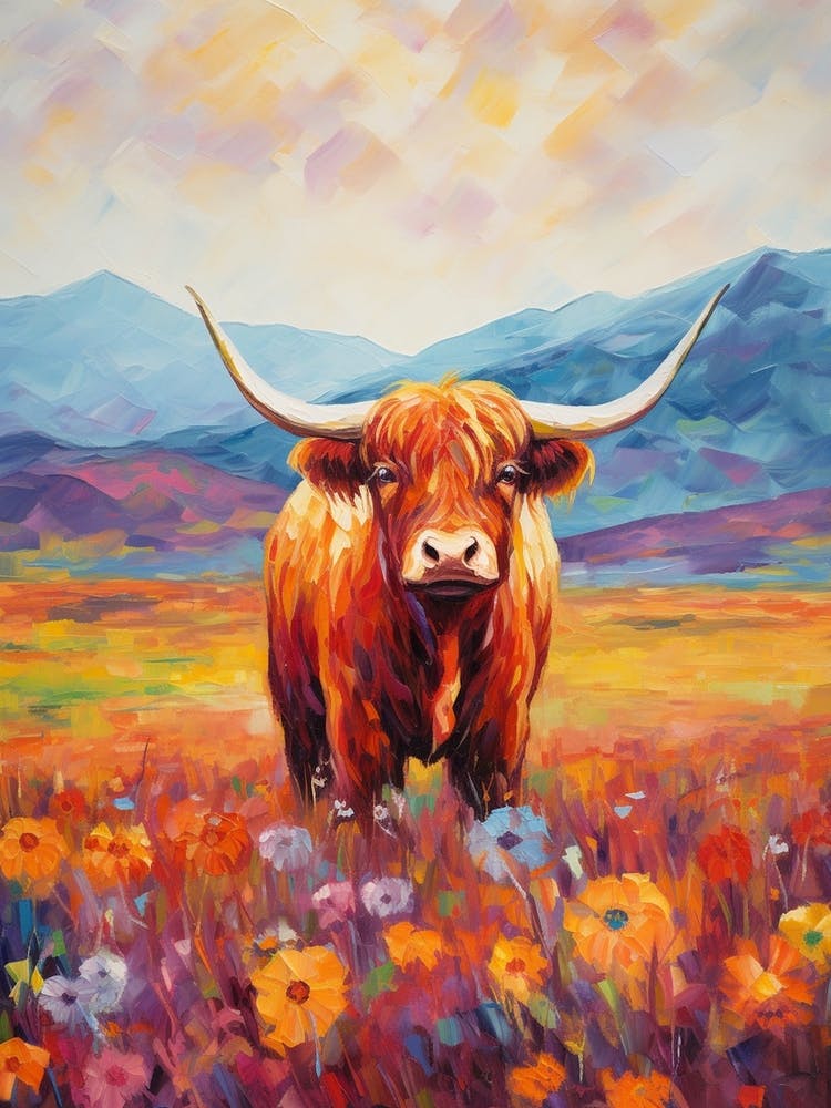 Highland Cow Impressionism Inspired Painting With Colourful Flowers 
