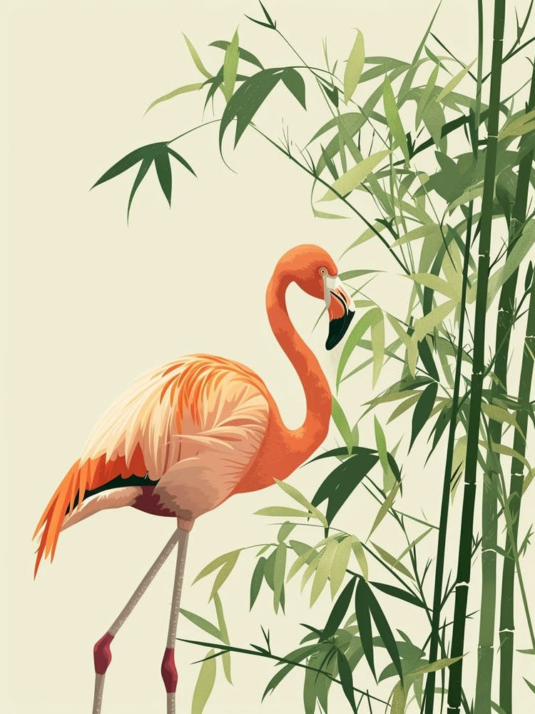 Lesser Flamingo And Bamboo Minimalist Illustration 2