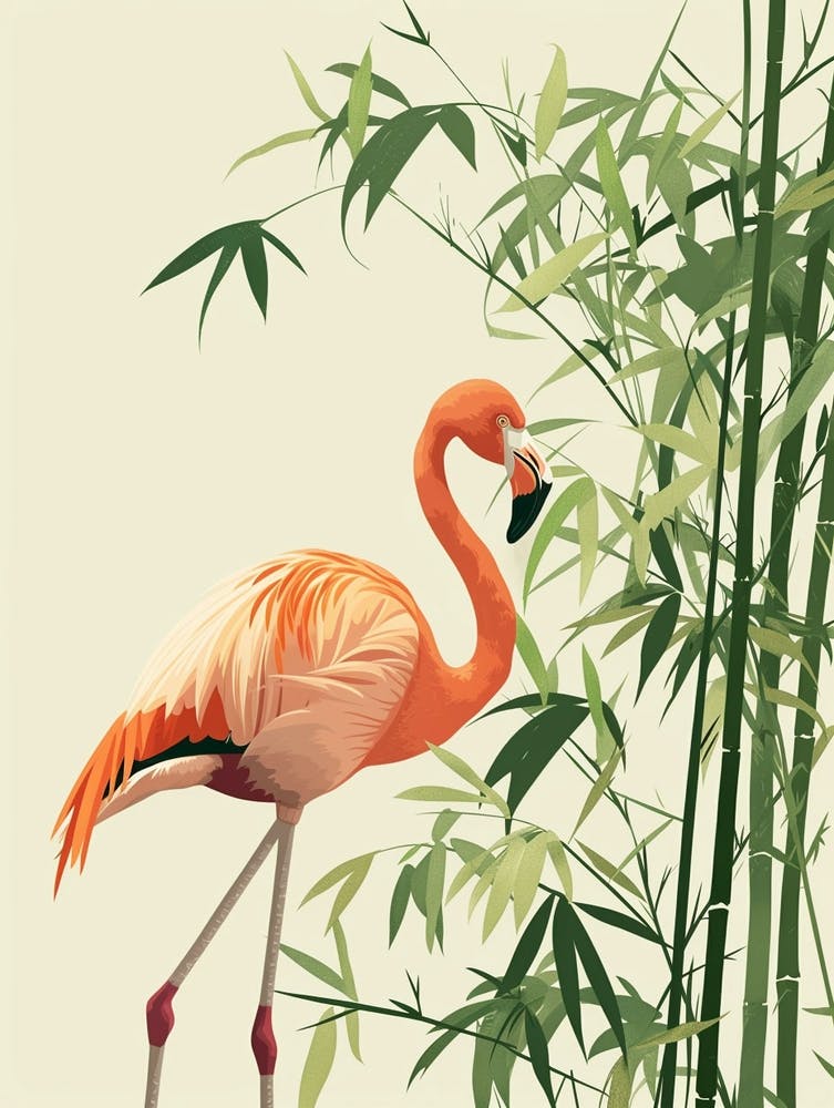 Lesser Flamingo And Bamboo Minimalist Illustration 2