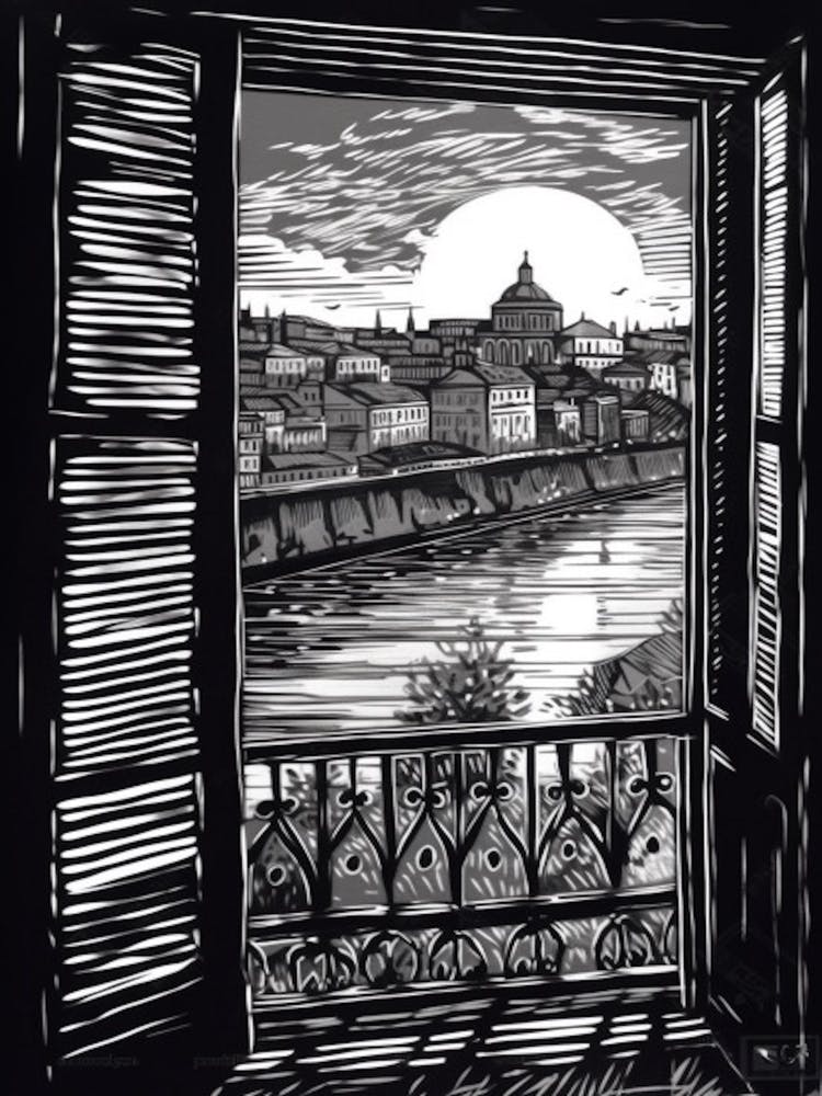 Window View Of Budapest Hungary   Black And White Colouring Pages Line Art 1