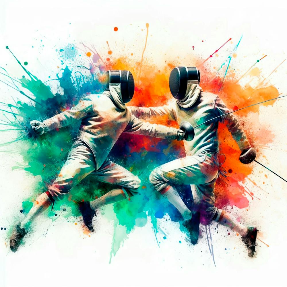 Watercolor Splash With Vibrant Colors Of An Olympic Fencing Fight