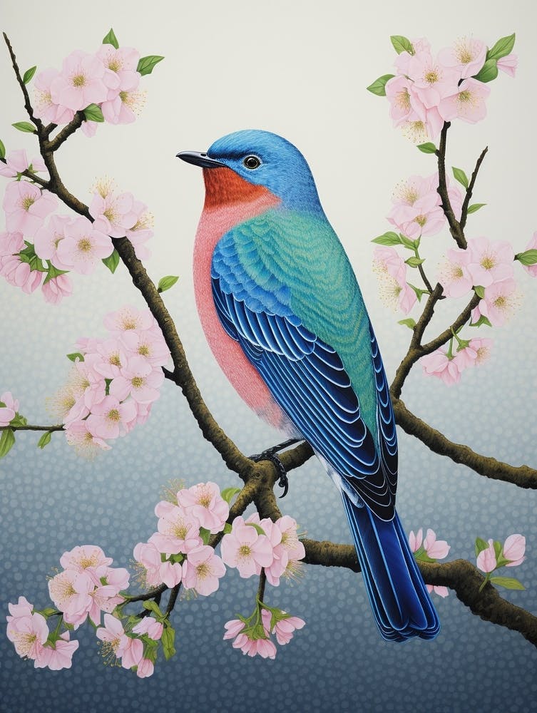 Ohara Koson Inspired Bird Painting Eastern Bluebird 1