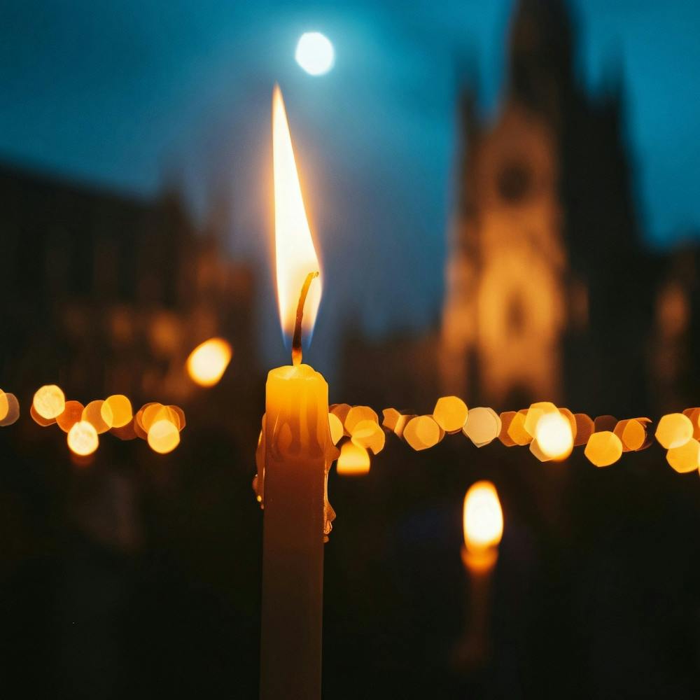 Lit Candle In Front Of Church