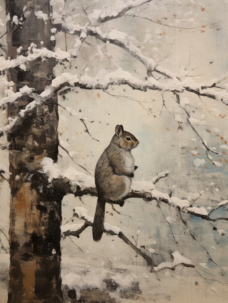 Vintage Winter Animal Painting Gray Squirrel 1