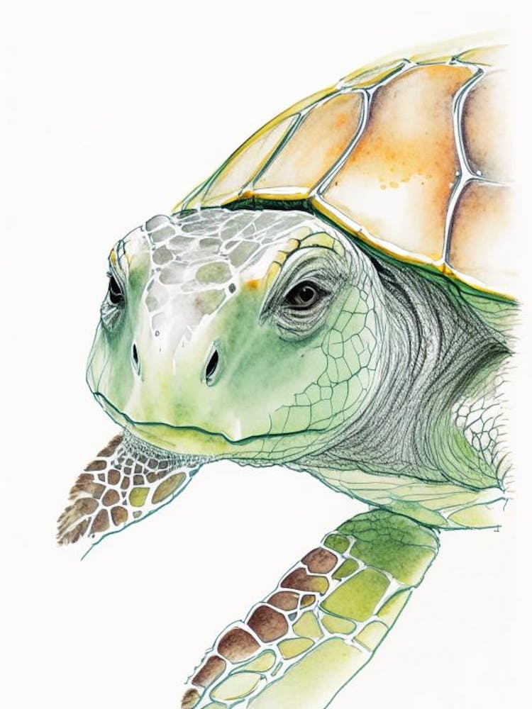 Sea Turtle Close Up, Sea Turtle Pencil Illustration 1