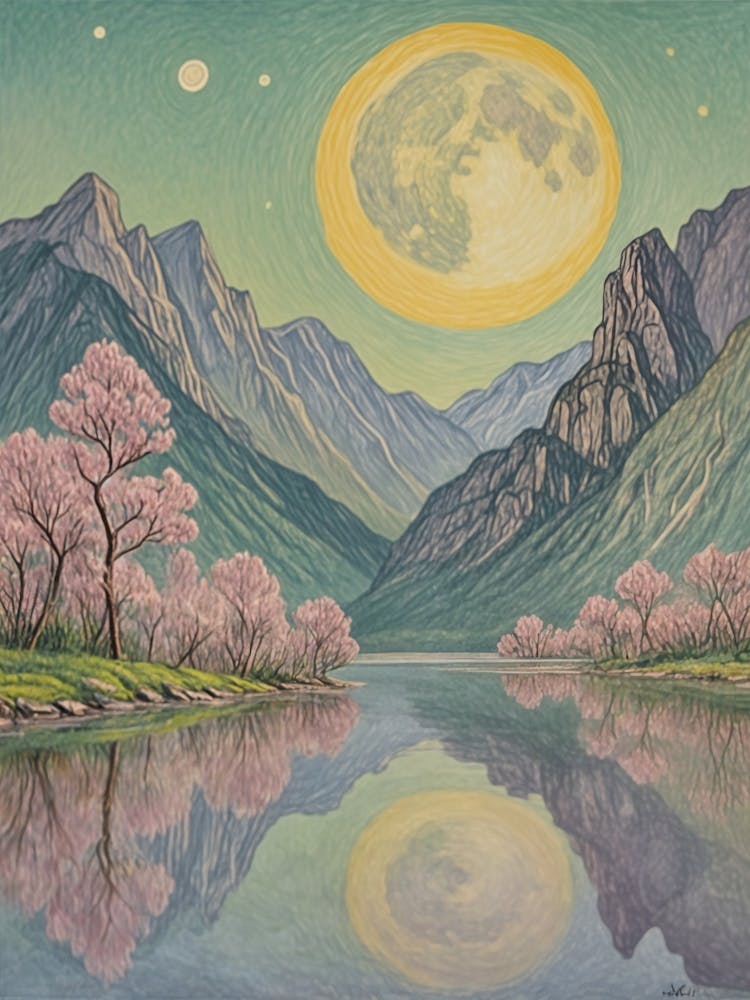 Giant Full Moon And Cherry Blossoms