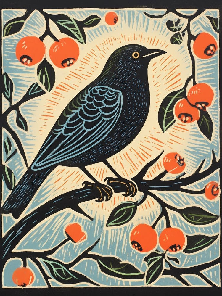 Vintage Bird Linocut Cowbird 6