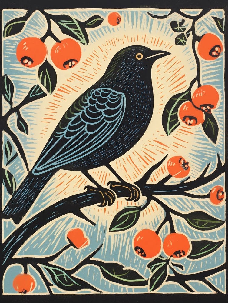 Vintage Bird Linocut Cowbird 6
