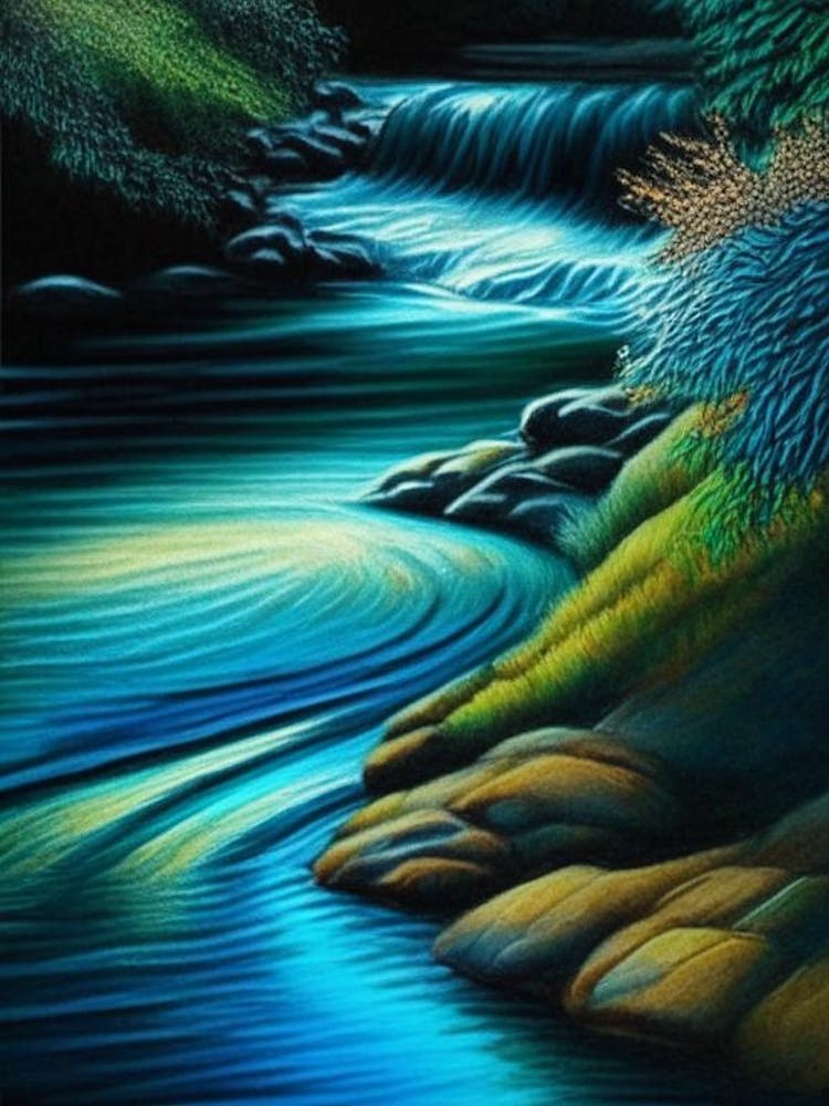 Flowing Water Waterscape Crayon 1