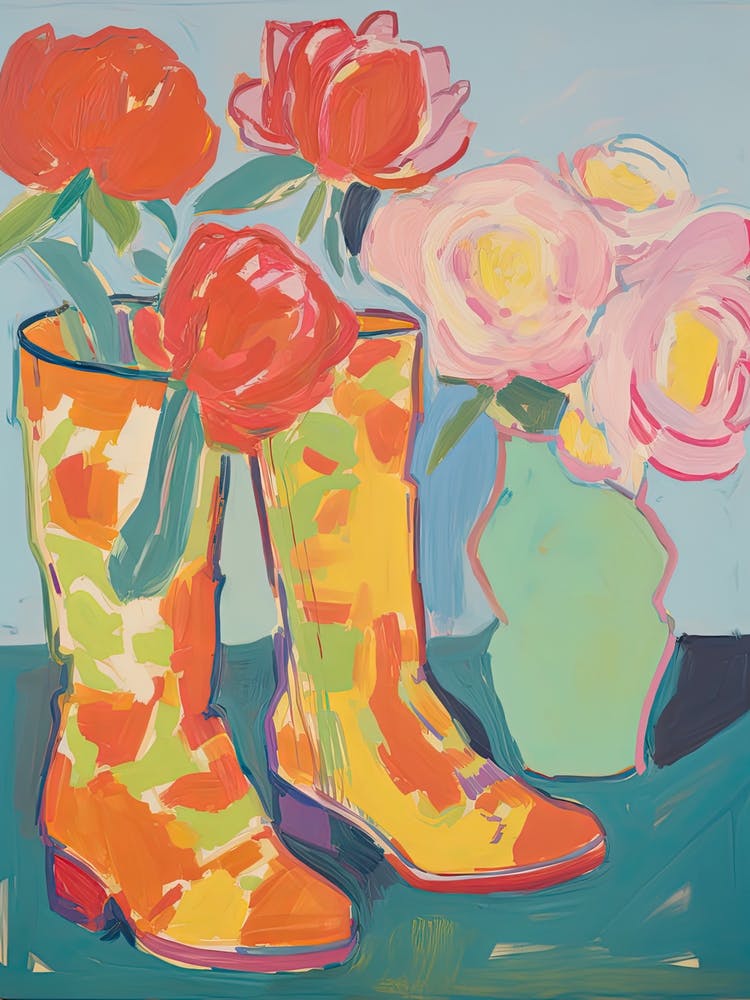 Painting Of Red Flowers And Cowboy Boots, Oil Style 7
