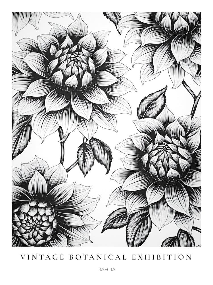 Affiche botanique vintage Dahlia N&B