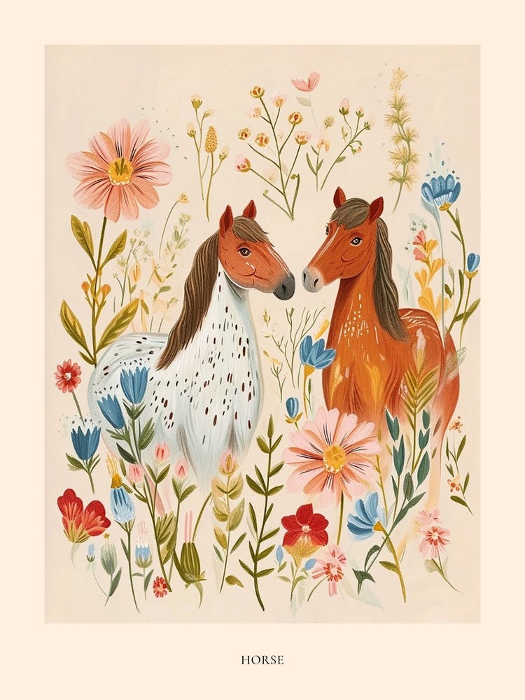 Folksy Floral Animal Drawing Horse 2 Poster
