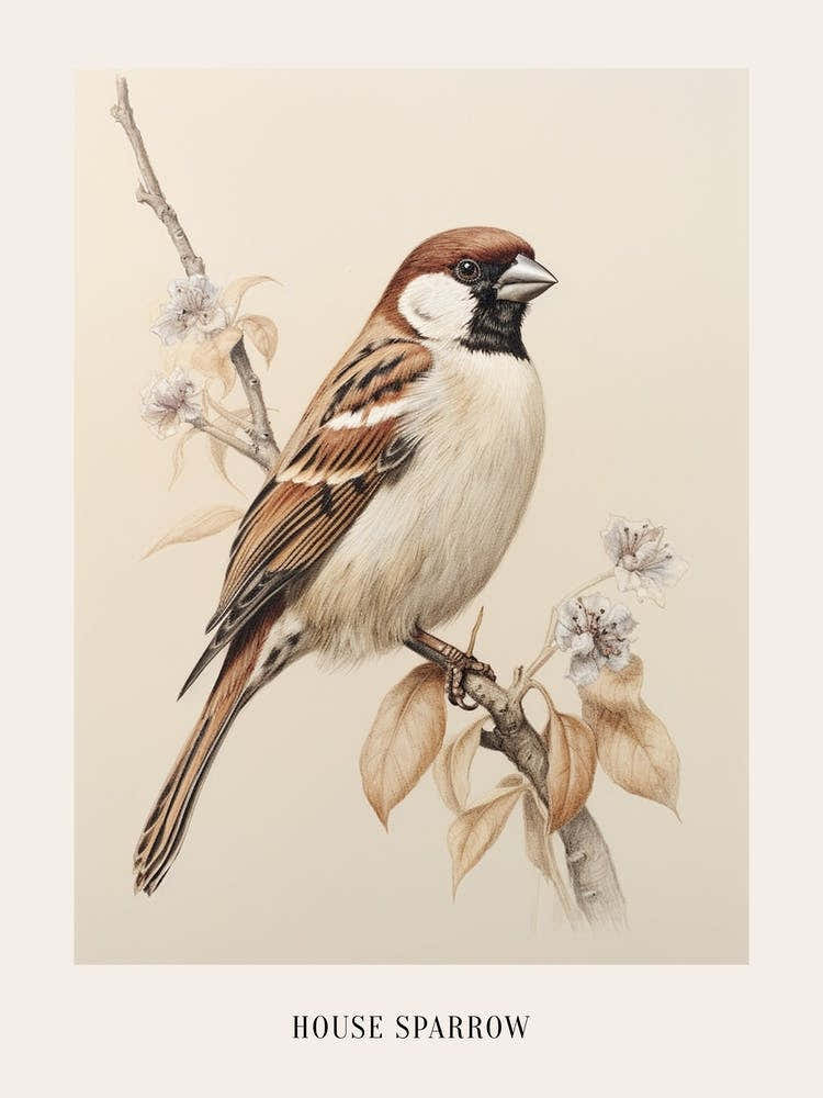 Vintage Bird Drawing House Sparrow 1 Poster