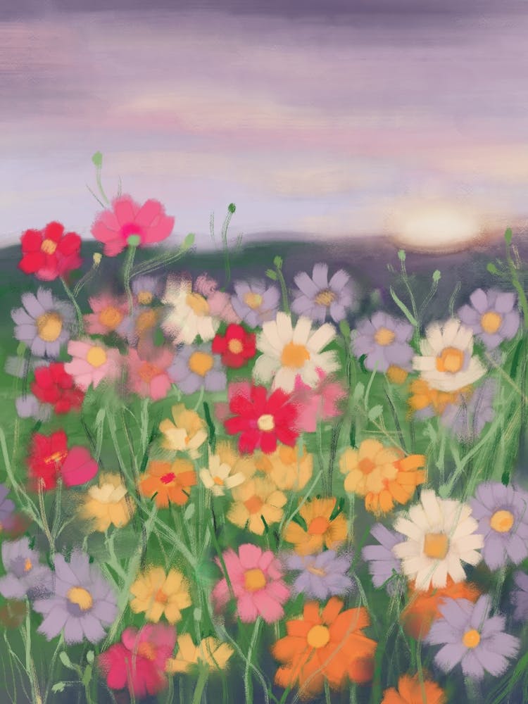 Wildblumen bei Sonnenuntergang. Gouache Handgemaltes Landschaftsbild