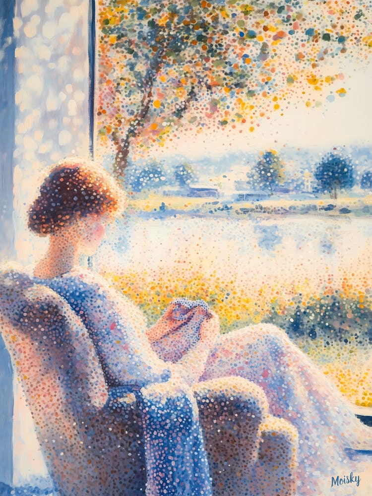 Woman Reading A Book Pointillism 