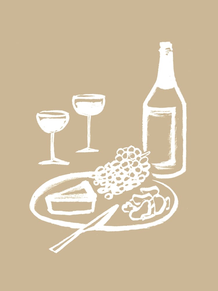 Wine and Cheese Aperitif Kitchen Illustration - White Beige