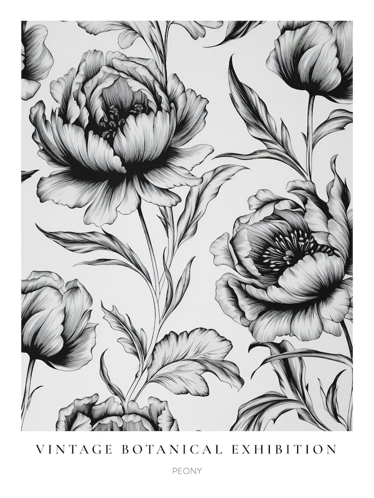 Peony 2 B&W Vintage Botanical Poster