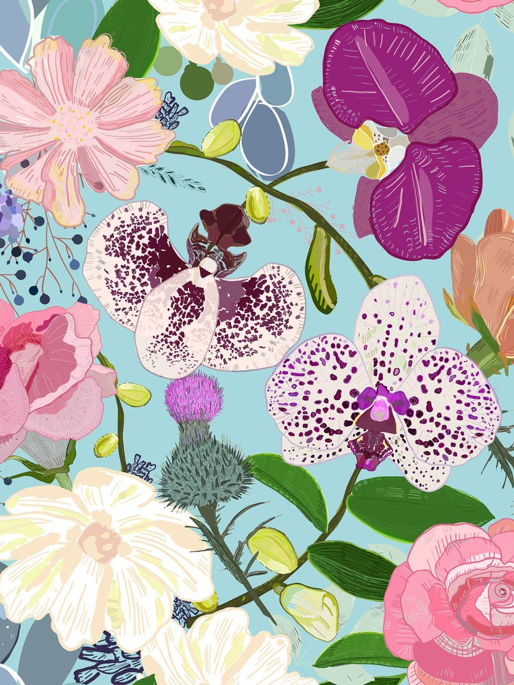 Orchid, Succulent And Roses Colorful Pattern