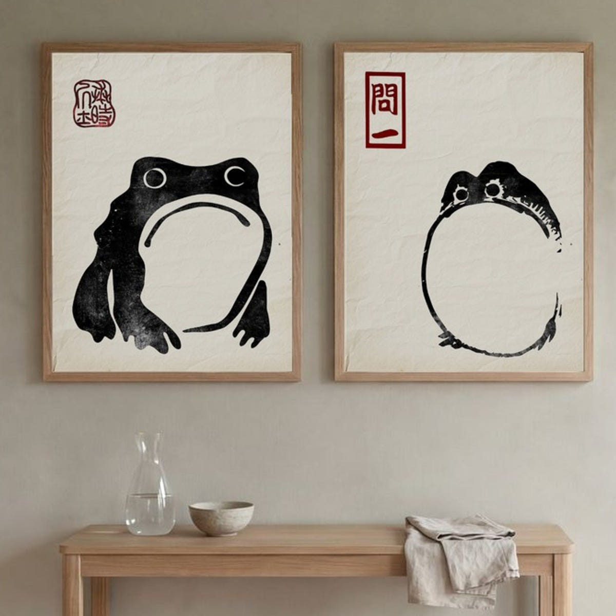 Set of 2 Frog Matsumoto Hoji Inspired Frog On Vintage Paper Japanese