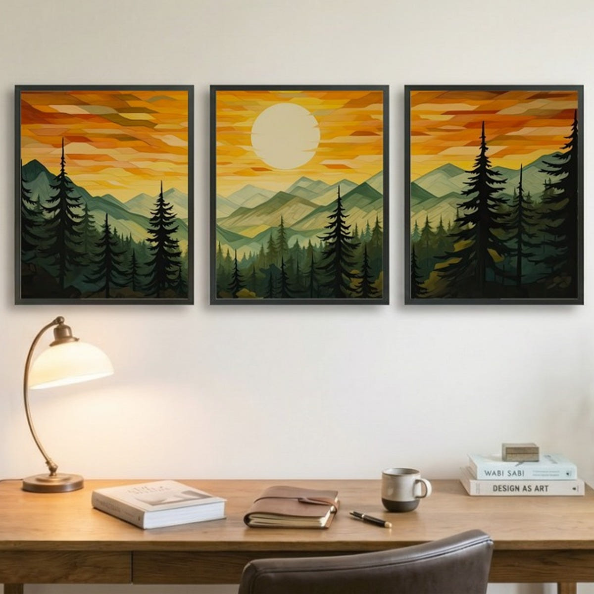 Set of 3 Green Sun Forest Mountain Painting Triptych
