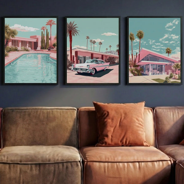Set of 3 Travel Art Retro Kitsch Miami and Palm Springs