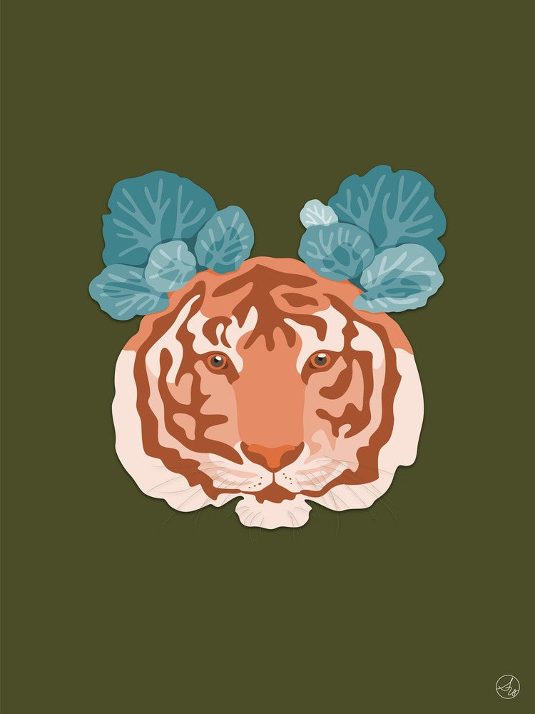 Tiger And Saxifraga On Olive Green